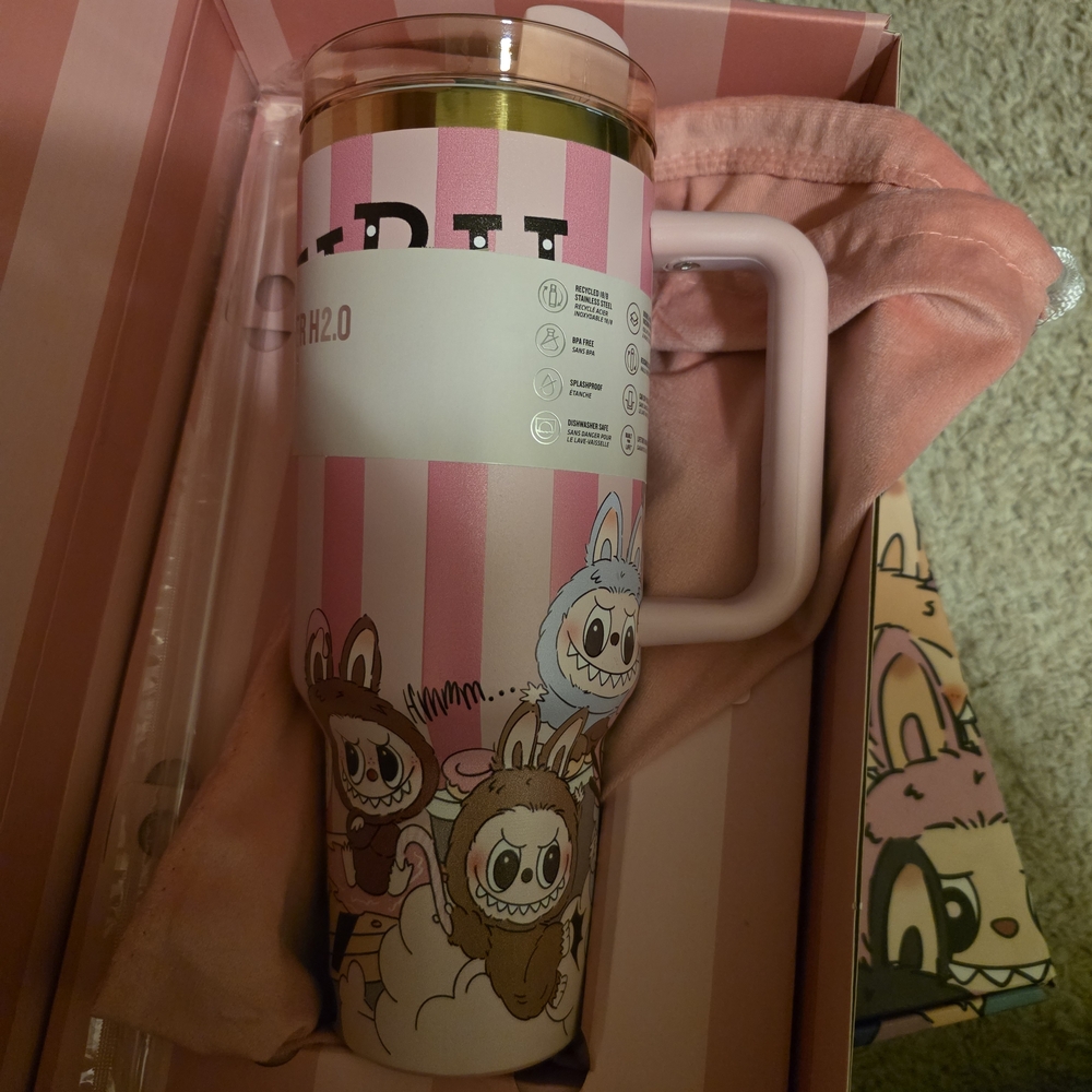 Stanley × Labubu Inspired Quencher H2.0 Tumbler – 40 oz (Pink Stripes)
